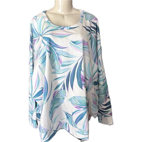 Torrid XL-1 Cream-Teal-Pink Leaf Print Crew Neck Raglan Long Sleeve Sweatshirt - Picture 2 of 7